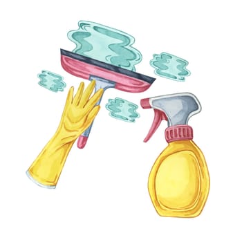 Spray bottle and squeegee for window cleaning task or shower with rubber gloves. Watercolor illustration of household cleaning utensils. Clipart for home maintenance, housekeeping, janitorial service