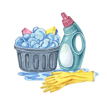 Black basket with foam, sponges, cleaning items such as detergent, gloves, and a spill. Watercolor clipart ideal for cleaning product packaging, household cleaning guides, and janitorial service ads