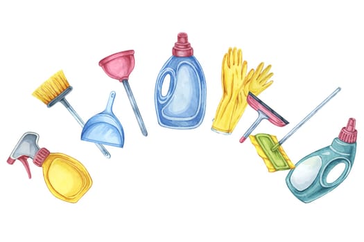 Collection of cleaning supplies as bottles, gloves, squeegee, dustpan, broom and mop in a semi-circle. Clipart for illustrating cleaning tutorials, product catalogues, and seasonal cleaning campaigns