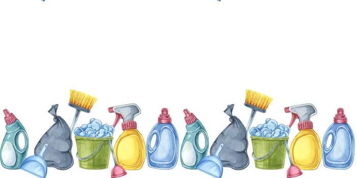 Cleaning essentials seamless border. Watercolor banner clipart for janitorial services, housekeeping businesses, digital content, classroom posters, brochures, social media, promotional flyers