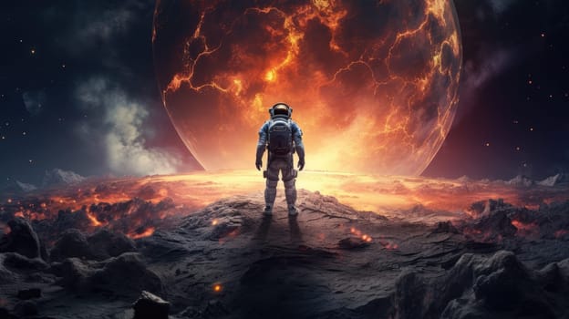 Astronaut on a Rocky Moon Base Looking up at a Large Red Planet in the Sky.