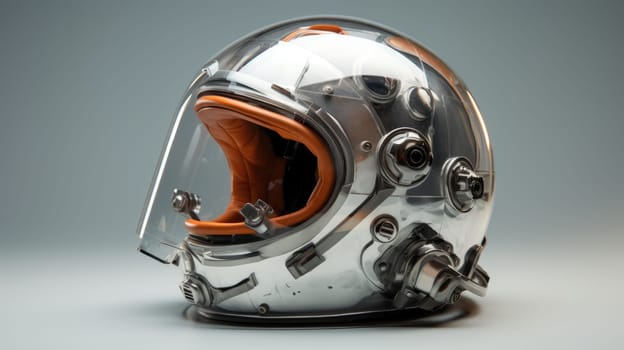 Futuristic astronaut helmet with visor up isolated on grey background.