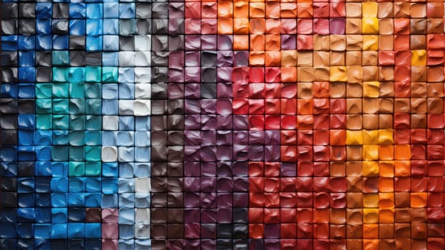 Colorful abstract mosaic of squares in blue, purple, and red hues.