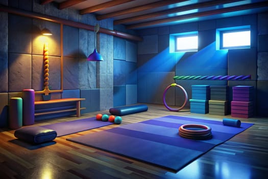 A brightly lit exercise room with colorful equipment, including a stack of soft blocks, a large exercise ball, ropes hanging from the wall, and a purple yoga mat. A small, bright blue ball sits in the corner, while an orange exercise ring rests on the mat. The room has a tiled floor with a blue hue.