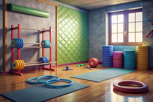 A brightly colored gymnastics room for kids. There is a large hoop on the floor, a smaller hoop, and a row of padded blocks against the wall. On the right, a white shelving unit holds a collection of colorful balls, perfect for active play.