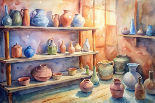 A watercolor painting depicts a collection of ceramic vessels arranged on shelves in a rustic workshop bathed in warm sunlight. The light streams through a window, illuminating the various shapes and colors of the pottery. The room's earthy tones create a sense of warmth and history, suggesting a space where the art of pottery is cherished and practiced.