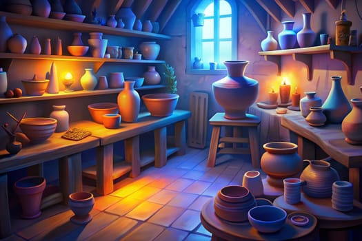 A rustic kitchen with a stone fireplace, shelves stacked with pottery, and a wooden table in the center. The fire glows warmly, casting a soft light throughout the room, while the window outside reveals a twilight sky.