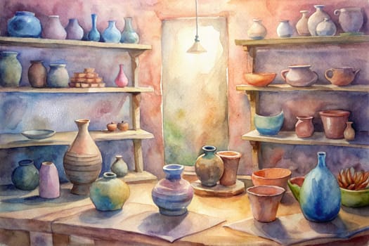 A watercolor painting depicts a collection of ceramic vessels arranged on shelves in a rustic workshop bathed in warm sunlight. The light streams through a window, illuminating the various shapes and colors of the pottery. The room's earthy tones create a sense of warmth and history, suggesting a space where the art of pottery is cherished and practiced.