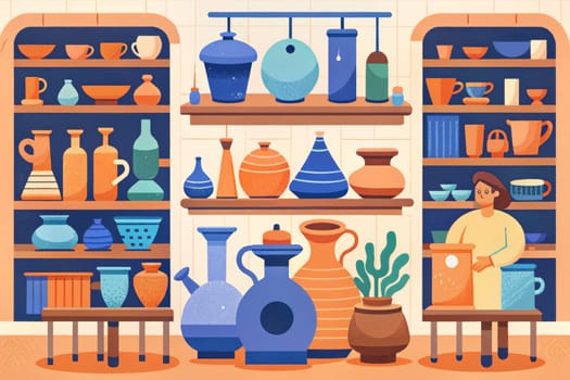 A woman wearing a light-colored top stands in front of a table in a pottery shop, browsing a selection of ceramic vases. The shop is filled with shelves stocked with colorful pottery, including cups, bowls, and jugs in various sizes and styles. A small potted plant sits on the table with the woman.