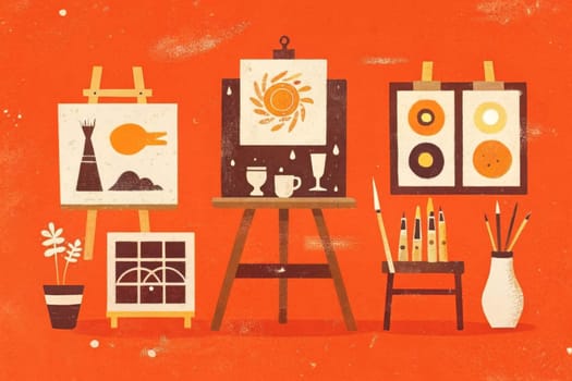An artist's studio is portrayed in a colorful, illustrated style. Three canvases showcase abstract designs, while a vase holds paintbrushes. The room features a small plant in a pot, a wooden stool, and two mugs on a table, hinting at a creative space for artistic expression and inspiration.