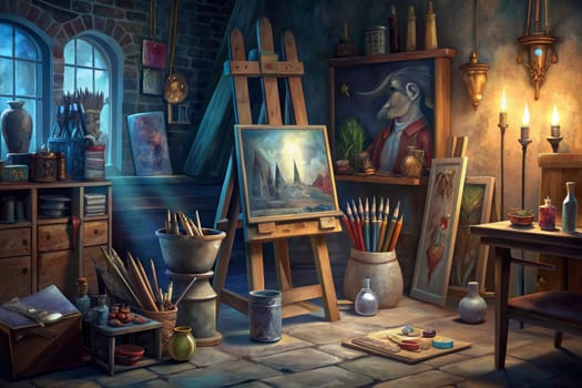 brushes, paints, pencils, and canvases. The easel holds a painting of a distant landscape, bathed in the golden light of the setting sun. A portrait of a whimsical figure hangs on the wall, adding a touch of whimsy to the space. The room is illuminated by the soft glow of moonlight filtering through the window and the warm flicker of candlelight.