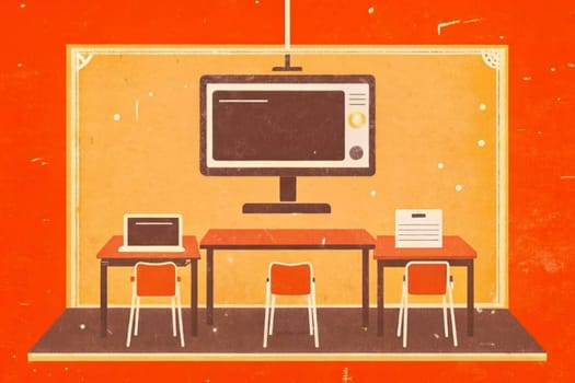 A vintage television hangs from the ceiling in a classroom. Two desks with chairs sit side-by-side, facing the screen, suggesting a time when technology was simpler and more communal. A laptop rests on one desk, while a blank piece of paper sits on the other, creating a sense of anticipation and possibility.