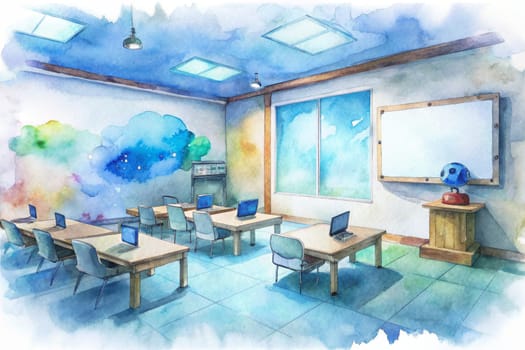 A watercolor painting depicts an empty classroom bathed in soft light, with desks and chairs arranged neatly. The walls are adorned with a whimsical, colorful cloud pattern, while a large window offers a view of a dreamy sky. A whiteboard hangs on the wall, ready for learning to begin.
