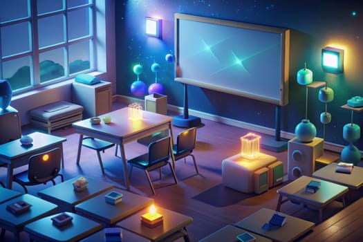 An empty classroom is lit by warm, glowing lights, highlighting the desks, chairs, and a projector screen. The room has a starry night sky backdrop, suggesting a late night or evening setting.