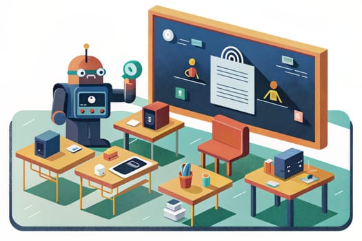 A futuristic classroom with a robot teacher, interactive whiteboards, and modern technology. The classroom is filled with desks, chairs, and computers, and the robot teacher is standing in front of the students, who are all engaged in their learning. The classroom is well-lit and inviting, and the technology is seamlessly integrated into the learning environment.