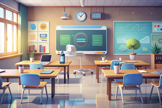 A futuristic classroom with desks and chairs arranged in rows, a large interactive whiteboard, and a robotic device on a mobile stand. The bright windows provide natural light while the green walls add a touch of nature to the modern environment. The classroom is ready for a new era of learning, where technology plays a key role in the educational experience.