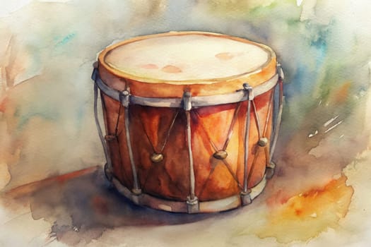 A watercolor painting of a red snare drum with a wooden stick laying across the head. The drum is sitting on a light blue surface with a light brown background. The drum has a chrome hoop and chrome tension rods.