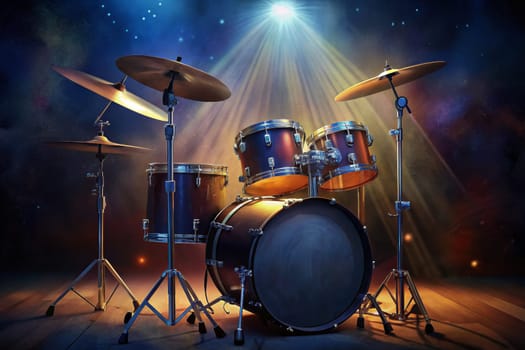 A polished drum set stands ready on a stage, bathed in the warm glow of spotlights. The bass drum is in the foreground, while the toms and cymbals are arranged behind it, waiting for the drummer to unleash a powerful rhythm.
