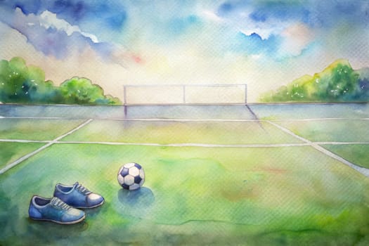 A watercolor painting depicts a soccer field with a goalpost on the left, green grass, white lines, and a single soccer ball. A pair of blue sneakers sits near a red ball in the foreground. The sun sets behind a line of trees, casting a warm glow over the scene.