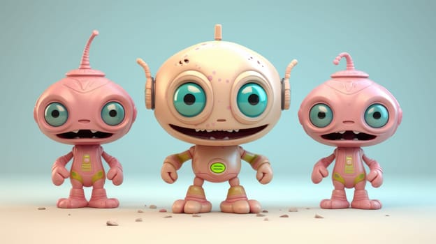 Three cute and funny alien characters with big heads and large eyes in a variety of poses