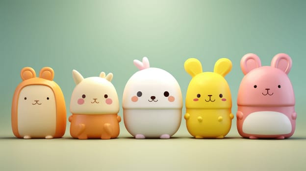 3D rendering of cute cartoon style animal characters isolated on pastel green background.