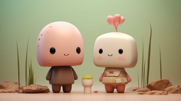 Two cute cartoon characters standing on sandy surface with small plant between them