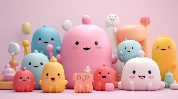 3D colorful group of cute cartoon characters on a pink background.