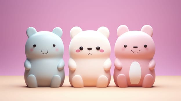 Three pastel colored cartoon bears isolated on a pink background