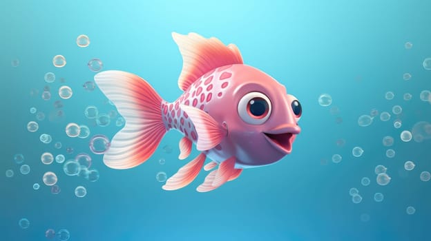 Cheerful cartoon fish mascot character with bubbles on blue background.