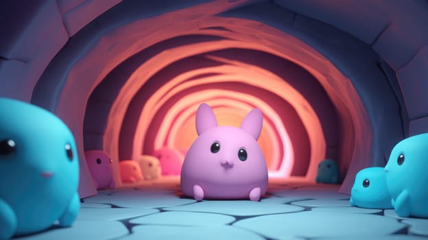 Cute 3D pink bunny in a colorful cave surrounded by round creatures .