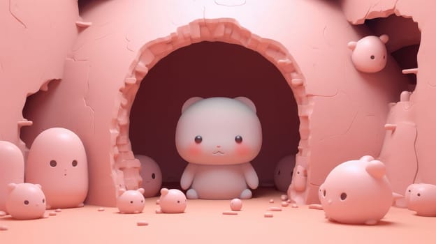 Cute 3D cat in a whimsical pink world, surrounded by playful blob-like creatures..