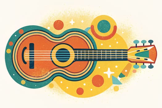 An acoustic guitar with a vibrant orange, green, and yellow design is depicted on a background with yellow, orange, green, and white abstract shapes.