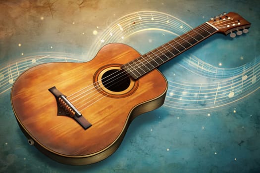 A weathered acoustic guitar, bathed in warm, golden light, lies against a backdrop of swirling watercolor brushstrokes. The soft, dreamy colors and the guitar's worn wood evoke a sense of nostalgia and peaceful contemplation.