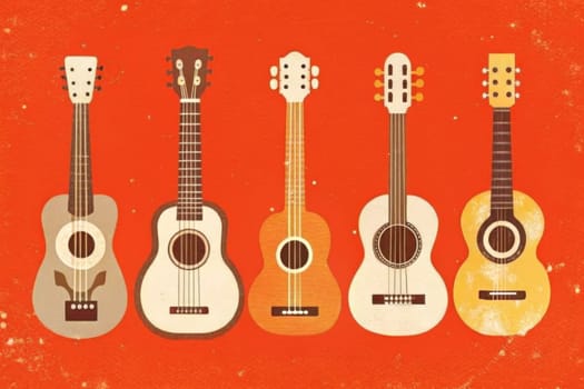 A vintage acoustic guitar with a pale pink finish is depicted against a rustic orange backdrop. The guitar's strings and soundhole are emphasized with black outlines, creating a bold and eye-catching image.