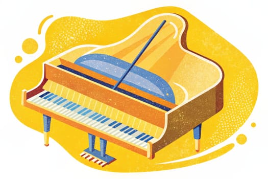 The image depicts a grand piano, painted in a bright blue hue, with a yellow interior and wooden legs. The piano sits on a yellow circle, surrounded by abstract, whimsical lines and musical notes, creating a sense of lightheartedness and joy.