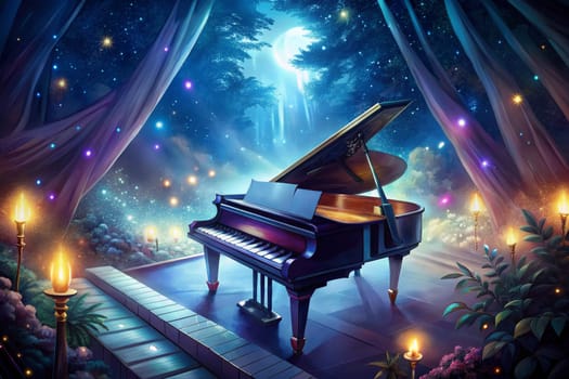 A grand piano sits on a wooden stage illuminated by warm light under a canopy of stars. The piano is open, revealing sheet music and a golden music stand. The background is a dark, starry night sky with a full moon hanging high overhead. Delicate, shimmering lights twinkle in the air, creating a magical and ethereal atmosphere.