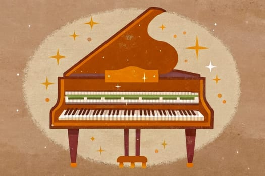 A faded, vintage grand piano sits on a dusty, beige surface. The piano is a warm orange color, with a green interior and maroon accents. It's positioned against a background of faded orange, white, and brown, suggesting a forgotten scene or a place where time has stood still.