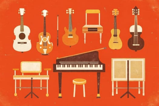 A red backdrop features a whimsical collection of musical instruments, including a guitar, a violin, a cello, a piano, and two chairs. The scene evokes a sense of anticipation and the promise of a beautiful melody soon to be played.
