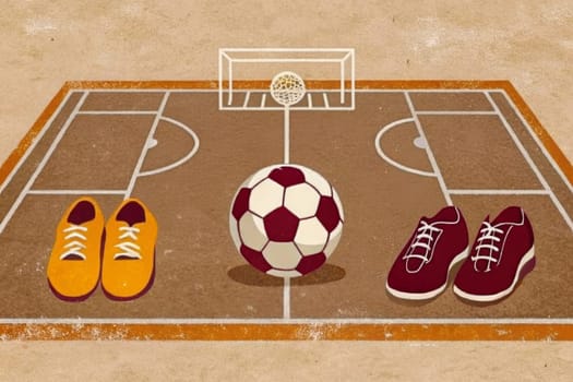 A faded, vintage basketball court lies ready for action, marked with worn yellow lines and an orange center circle. Two pairs of shoes, one yellow and one maroon, sit on either side, waiting for the whistle to blow.