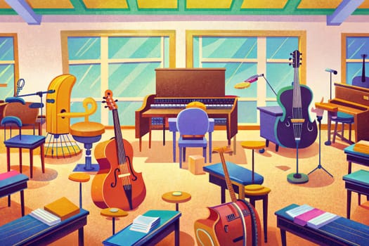 A vibrant music room is filled with various musical instruments, including a grand piano, a cello, a double bass, and several guitars. The room is bathed in sunlight streaming through large windows, illuminating the colorful instruments and furniture.