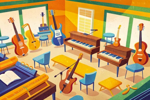 A vibrant music room is filled with various musical instruments, including a grand piano, a cello, a double bass, and several guitars. The room is bathed in sunlight streaming through large windows, illuminating the colorful instruments and furniture.