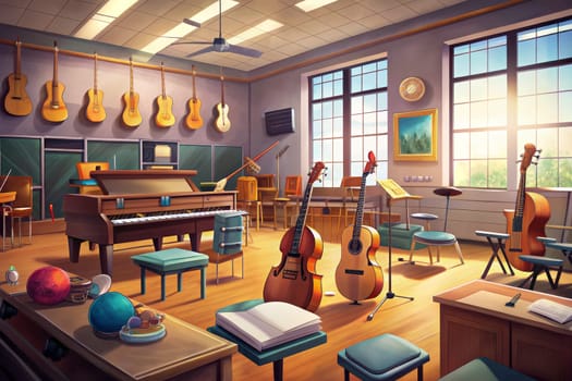 A music room bathed in sunlight, with a grand piano, guitars, and a set of chairs, is ready for a musical performance. The room has a large window overlooking a lush, green landscape, and a feeling of anticipation hangs in the air.
