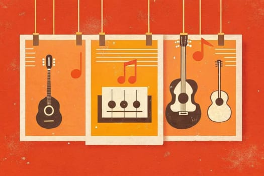 Three white-framed posters hang on a red wall, each depicting a musical instrument or symbol. The poster on the left showcases a black acoustic guitar with a sound hole against a pink background, with music notes and a treble clef surrounding it. The middle poster features a black music note on a stand against a peach background. The poster on the right depicts a black electric guitar with a pickguard and six strings against a pink background.