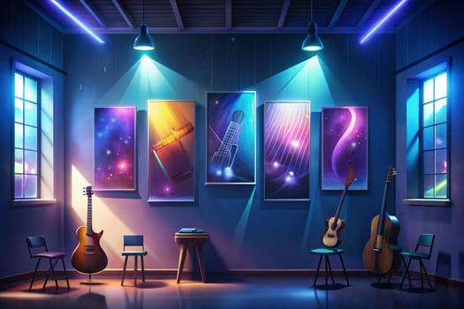 A dimly lit gallery space with brick walls features four framed artworks illuminated by hanging light bulbs. Two guitars, one silver and one brown, hang on the wall to the right, with a small stool in front of them. The artwork features abstract designs in vibrant hues of blue, green, purple, and pink.