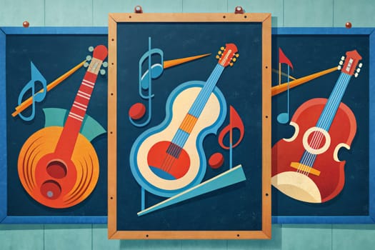 Three framed pictures on a blue wall depict guitars and musical notes in a stylized, geometric fashion. Each picture features a different type of guitar and musical notes arranged in a unique pattern. The colorful, abstract imagery creates a playful and dynamic visual experience.