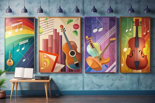 A collection of framed posters featuring various musical instruments, including a guitar, banjo, and another guitar, all displayed against a dark blue background. Each frame has a unique color palette and incorporates musical notes and stars for a playful, retro aesthetic.