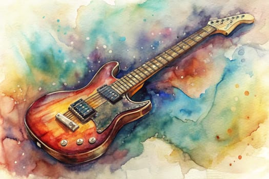 An electric guitar lies on a vibrant watercolor background, resembling a cosmic landscape with swirling colors and scattered specks of light. The instrument's sleek form and intricate details are captured in a realistic style, while the abstract background evokes a sense of wonder and artistry.