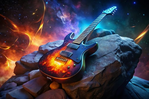 A black electric guitar rests on gray rock formations in a fiery, celestial landscape. The guitar is illuminated by a bright orange flame engulfing it, while the background features a swirling blue and white cosmic nebula.