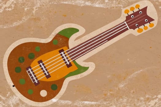 A stylized, illustrated electric guitar rests on a weathered, sandy background. The guitar's body is a mix of brown and green, accented with circular patterns, while the neck and fretboard are adorned with reddish-brown wood and yellow-gold strings.