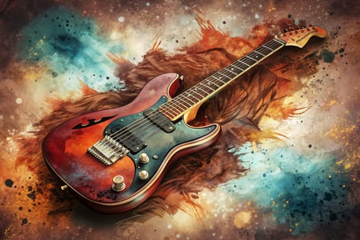 An electric guitar with a red, sun-kissed finish lies on a textured surface reminiscent of a rusty canvas. The guitar's strings glisten with a golden hue, while the background fades into a hazy blur of orange and brown tones.